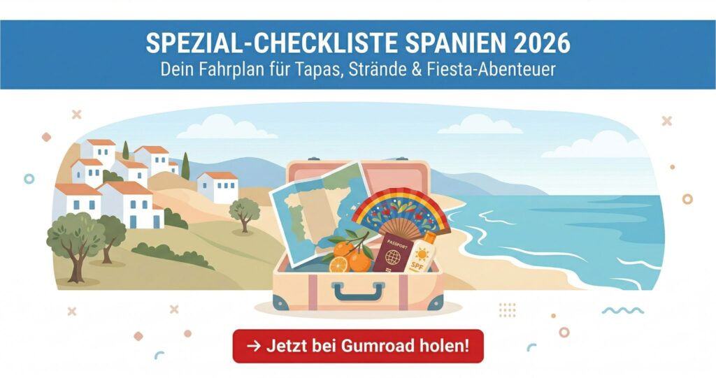 Du träumst von endlosen Stränden, atemberaubenden Roadtrips und lauen Abenden mit Tapas und Sangria? Spanien ist pure Lebensfreude – aber die Urlaubsplanung kann manchmal ganz schön stressig und teuer werden. Damit du dich vom ersten Tag an entspannen kannst und nicht in teure Touristenfallen tappst, habe ich diese Spezial-Checkliste für Spanien zusammengestellt.